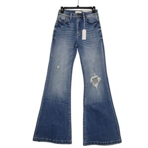 NWT Petra 153 Distressed Super High Rise Flare Jeans Sz 5/26‎ Blue Raw Hem 70s